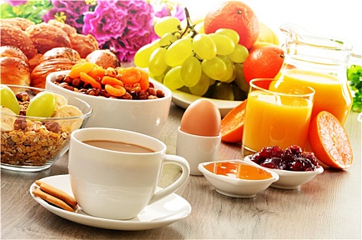 早餐,咖啡,面包,蜂蜜,橙汁,牛奶什锦早餐