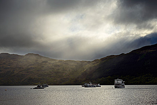 游船,湖,生动,云,灯,洛蒙德湖,苏格兰,英国