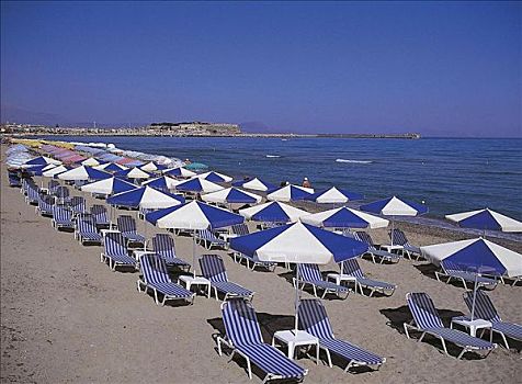 遮阳伞,折叠躺椅,海滩,地中海,夏天,休假,克利特岛,希腊,欧洲