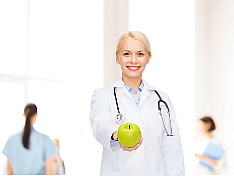 医药健康,概念,微笑,女医生,听诊器,青苹果