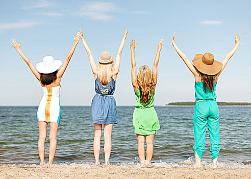 暑假,度假,概念,女孩,抬手,海滩
