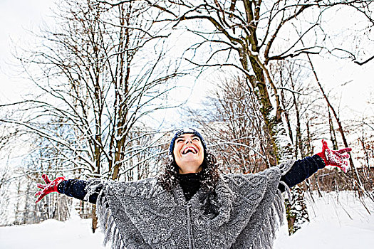 女人,雪,木,搂抱,天空