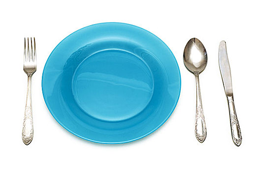 蓝色,盘子,桌子,器具,隔绝,白色背景