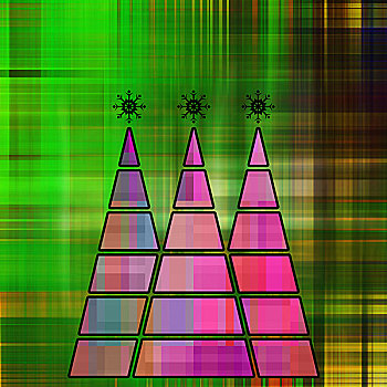 艺术,三个,圣诞树,粉色,晚樱科植物,蓝色,彩色,抽象图案,绿色,金色背景