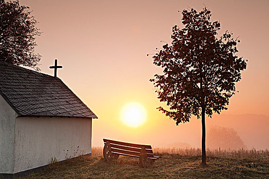 小教堂,日出,晨雾,秋天,莱茵兰普法尔茨州,德国