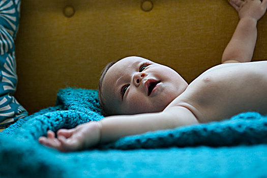 头像,微笑,婴儿,躺着,蓝色,布,伸展胳膊