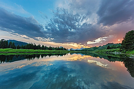 日落,云,反射,蛇河,大台顿国家公园,怀俄明,美国