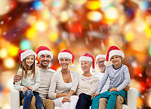 家庭,高兴,休假,人,概念,幸福之家,圣诞老人,帽子,坐,沙发,上方,红灯,背景