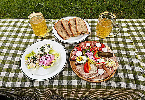 香肠,盘子,两个,玻璃杯,苹果汁,靠近,区域,上奥地利州,奥地利,欧洲