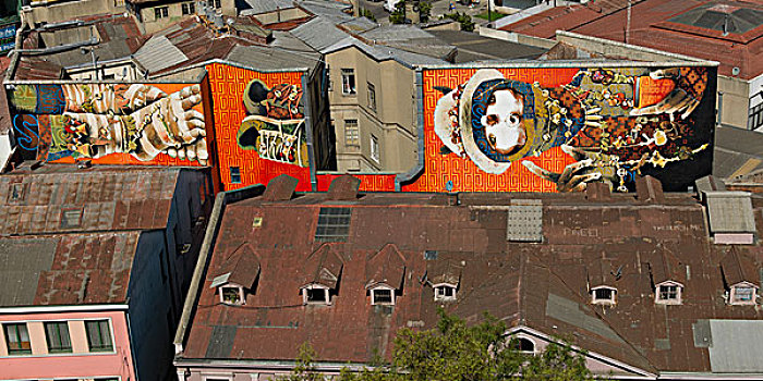 俯视图,建筑,涂绘,壁画,瓦尔帕莱索,智利