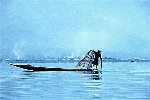 缅甸,茵莱湖,剪影,渔民,船,湖