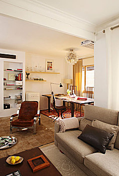 苍白,沙发,矮桌,正面,褐色,扶手椅,就餐区,仰视,窗户