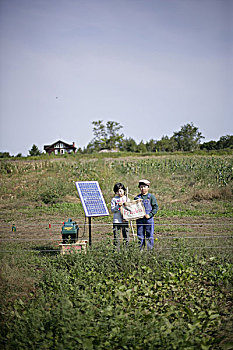 男孩,太阳能电池板