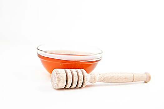 蜂蜜,碗,后面,舀蜜器,白色背景