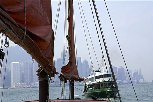 中国帆船,维多利亚港,背景,摩天大楼,中心,星,渡轮,香港