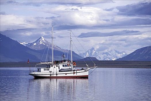 船,湖,山脉全景,智利