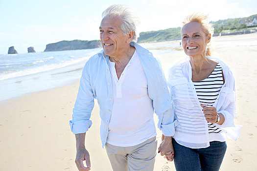 老年,夫妻,跑,沙滩