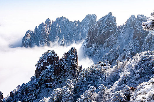 中国安徽黄山风景区,冬日雪后奇峰怪石林立,云雾飘渺宛若仙境