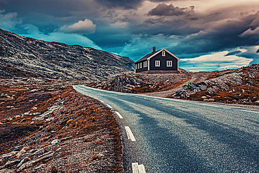 挪威,高山,风景,道路,房子,生动,风格,彩色