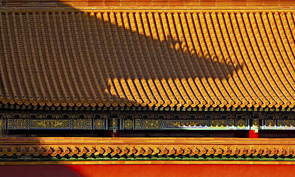 故宫宫殿房顶上的金色琉璃瓦与飞檐走兽剪影