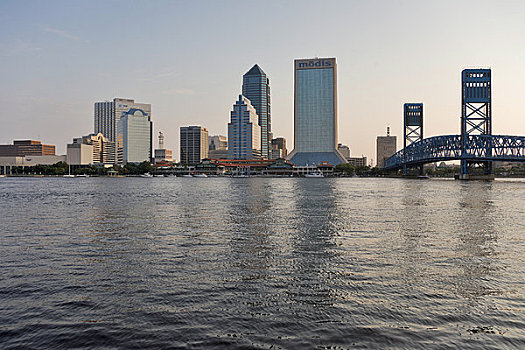河,主要街道,桥,城市天际线,背景,杰克逊维尔,佛罗里达,美国