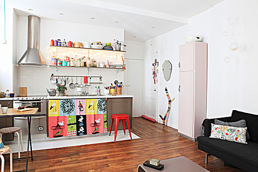 厨房操作台,彩色,帘,经典,凳子,复古,柜子,室内