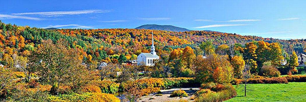 全景,秋天,彩色,叶子,教堂,佛蒙特州