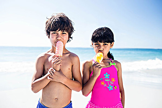 可爱,兄弟姐妹,吃,冰淇淋,海滩