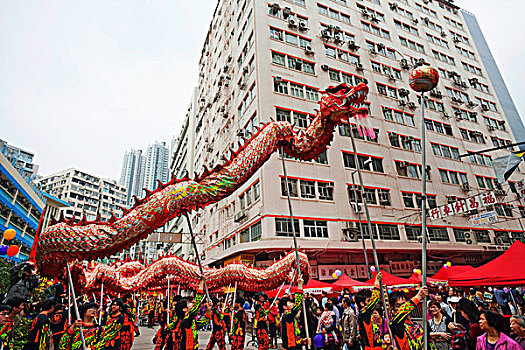 传统,中国龙,跳舞,街上,庙宇,香港,中国