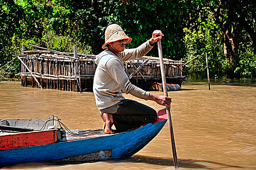 男孩,船,乡村,靠近,树液,湖,柬埔寨