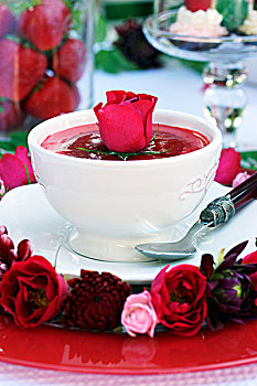 草莓,汤,装饰,红玫瑰,花环,花,盘子