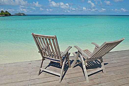 两个,椅子,床,树林,热带沙滩,蓝色,海洋,背景