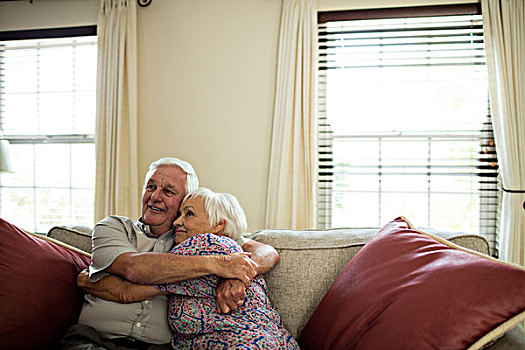高兴,老年,夫妻,搂抱,相互,客厅,在家