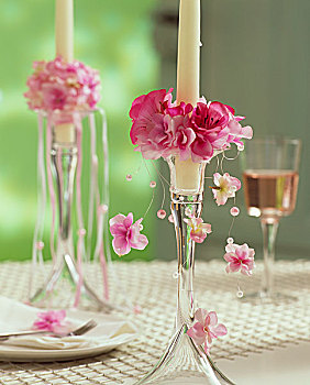 烛台,蜡烛,粉色,丝绸,花