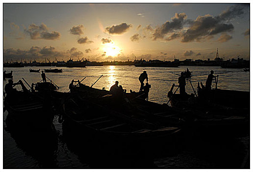 日落,河,孟加拉,七月,2006年