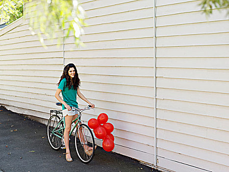 年轻,女人,头像,自行车,束,气球