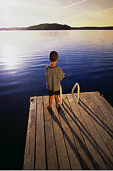 后视图,男孩,钓鱼,码头,日落