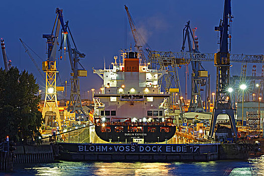 集装箱船,浮码头,汉堡市,港口,夜晚,德国,欧洲