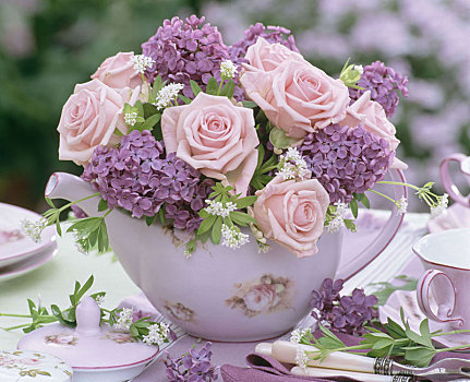 玫瑰,丁香花,茶壶,花,餐具