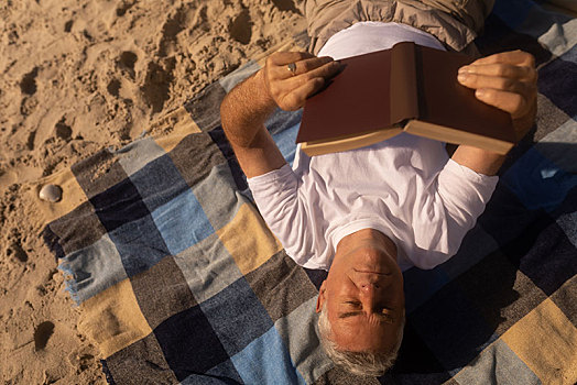 老人,读,书本,放松,野餐毯,海滩