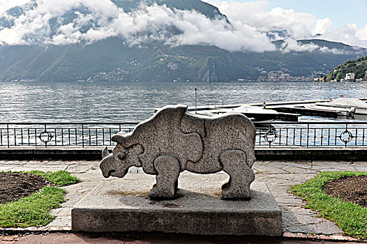 犀牛,雕塑,石头,湖,卢加诺,提契诺河,瑞士,欧洲