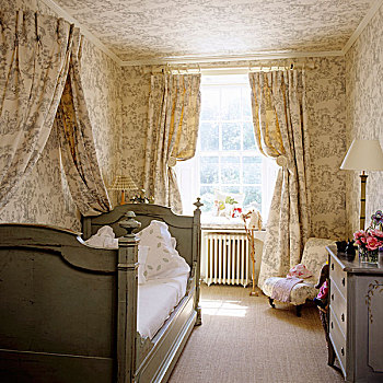 卧室,传统,英国,家,帘,篷子,壁纸,相同,彩色,设计