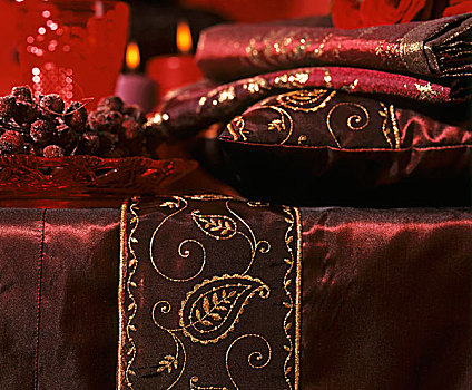 红色,圣诞装饰,垫子,布,桌上