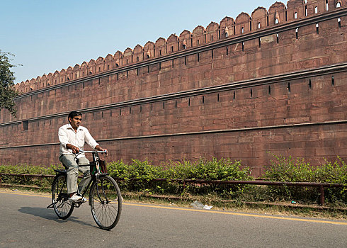 骑自行车,正面,红堡,老德里,德里,印度,亚洲