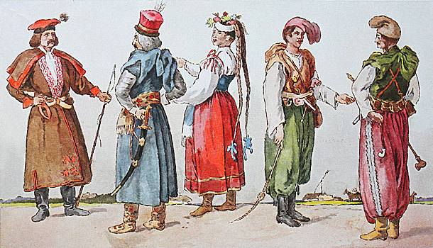时尚,历史,衣服,波兰,乌克兰,17世纪,插画,欧洲
