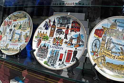 英格兰,伦敦,纪念品,盘子,展示,橱窗