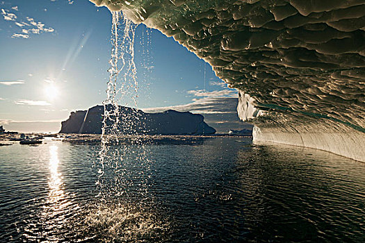 格陵兰,伊路利萨特,子夜太阳,融化,冰山,雅各布港冰川,漂浮,迪斯科湾,晴朗,夏天,下午