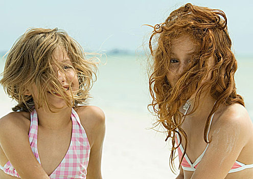 两个女孩,海滩,头发,正面,脸