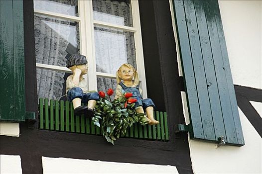 男孩,女孩,正面,窗,北莱茵威斯特伐利亚,德国