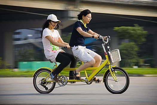 女人,双人自行车,河,首尔,韩国
